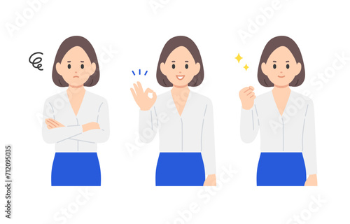 悩み･解決･ガッツポーズをするビジネスパーソン女性のセット【人物ベクターイラスト素材】