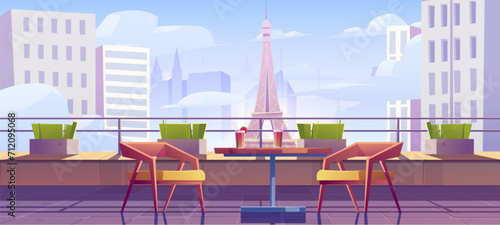 Eiffel tower view from big balcony or roof top with cocktail in glass on table and couple of chairs. Cartoon vector illustration of romantic holiday in Paris. French cafe terrace in famous landscape.