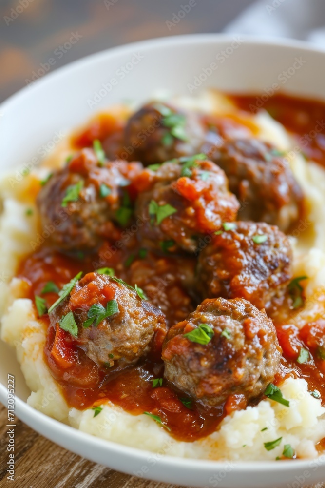 Meatballs served over mashed potatoes with tomato sauce Meatballs served over mashed potatoes with tomato sauce