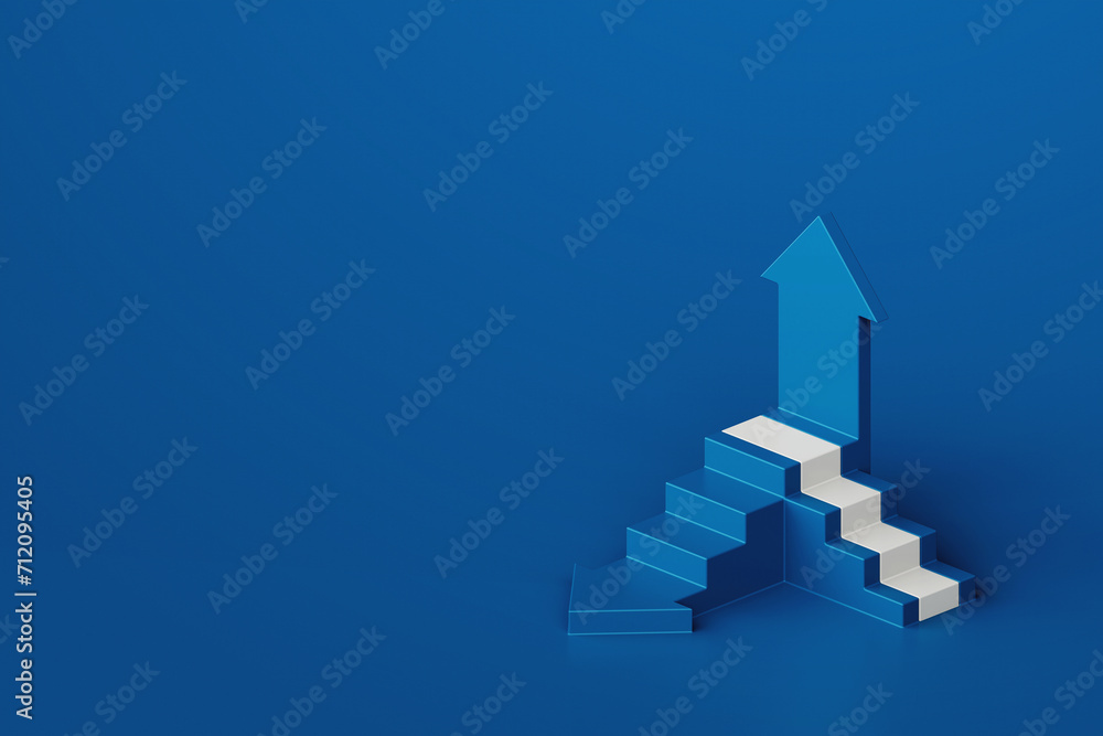 White blue arrow with stair on blue background, business way concept, minimal style, 3d rendering