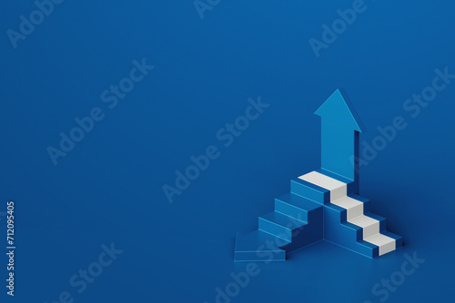 White blue arrow with stair on blue background, business way concept, minimal style, 3d rendering