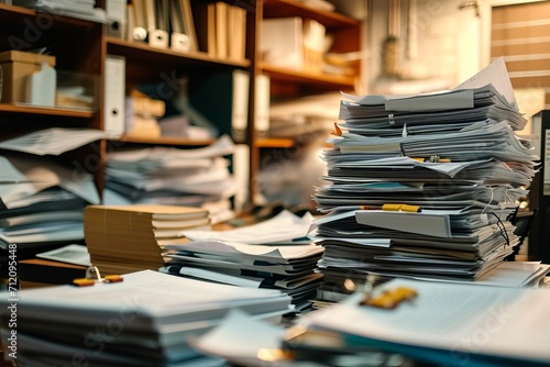 Piles of paperwork and folders in office room. The concept of workaholism, an emergency at work photo