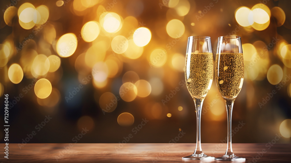 Champagne for festive with gold sparkle bokeh background Champagne for festive with gold sparkle bokeh background