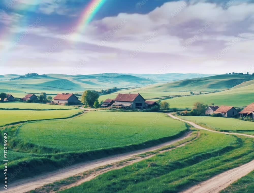 view of the farm with stretching green fields that have winding small roads view of the farm with stretching green fields that have winding small roads