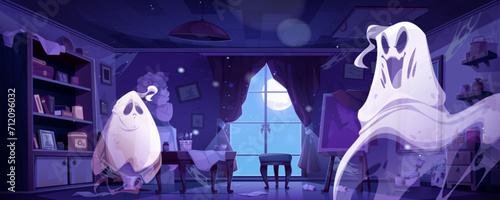 Abandoned destroyed art studio classroom interior with ghosts. Cartoon spooky haunted artist study and drawing room with broken furniture and painting supplies, cobweb and mess, window with full moon.