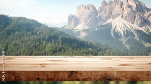 The empty wooden brown table top with blur background of dolomite mountain. Exuberant image. generative AI