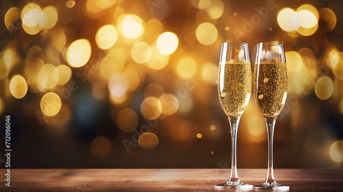 Champagne for festive with gold sparkle bokeh background