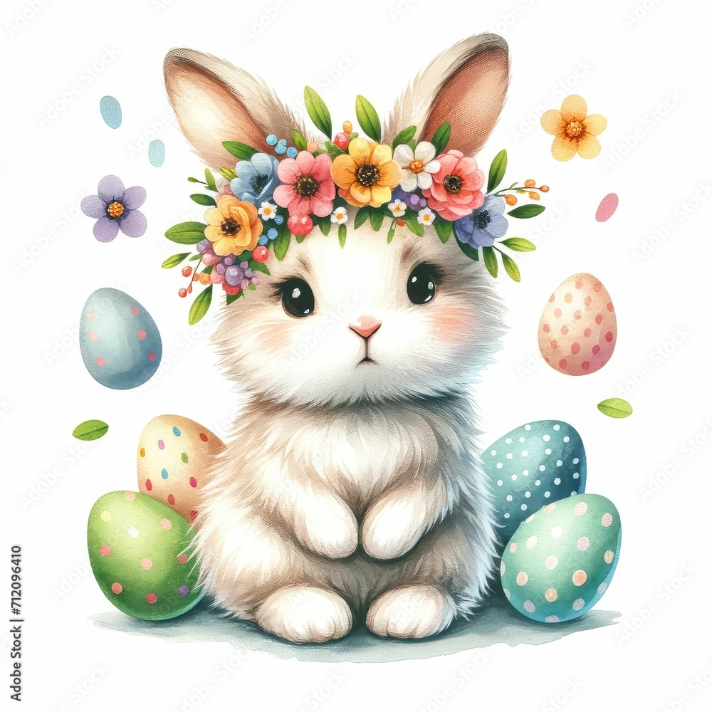 Bunny in a flower crown with Easter eggs. spring flowers cute Cartoon ...