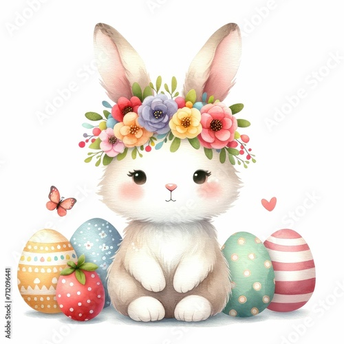 Bunny in a flower crown with Easter eggs. spring flowers cute Cartoon Illustration and white background