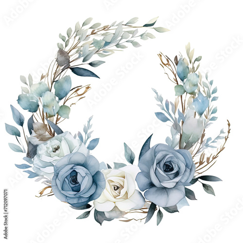 Watercolor Dusty Blue Flowers Clipart. Blue Roses PNG, Floral Bouquets. Wedding Flowers with transparent background. Floral Wreath Digital Art