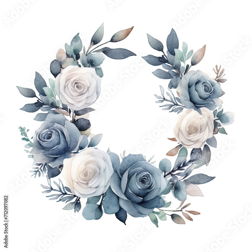 Watercolor Dusty Blue Flowers Clipart. Blue Roses PNG, Floral Bouquets. Wedding Flowers with transparent background. Floral Wreath Digital Art