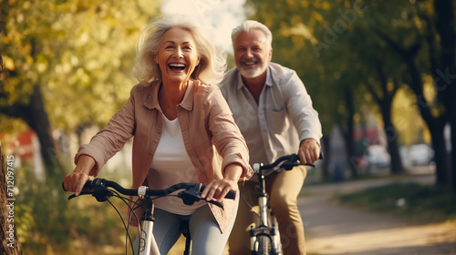 cheerful active senior couple with bicycle in public park together having fun.