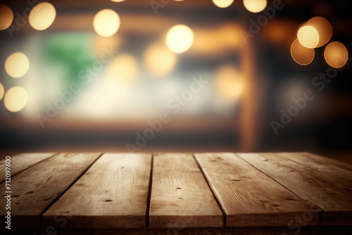 Wooden table blurred background of restaurant of cafe with bokeh. Flawless generative ai