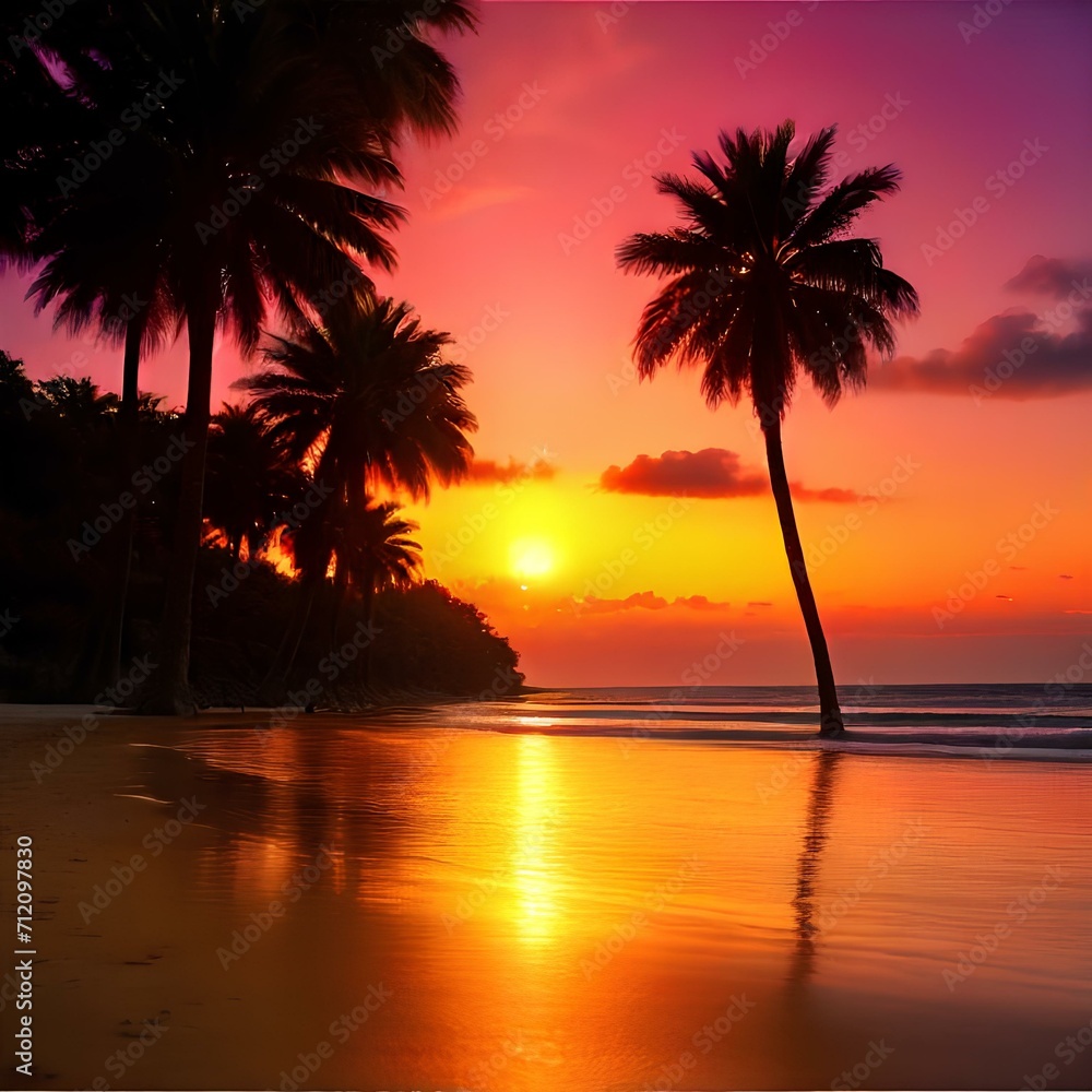 A photo of a vibrant sunset over a calm, golden beach, with palm trees swaying gently in the breeze