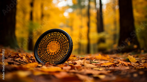 disc golf frolf basket on a forest course in autumn with a shallow depth of field photo
