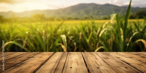 The empty wooden brown table top with blur background of sugarcane plantation. Exuberant image. generative AI