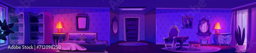 Panoramic princess bedroom at night with royal furniture and big window with curtains. Cartoon dark room interior with bed and cabinet, lightening lamp on nightstand and dresser, mirror and portrait.