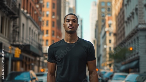 Man model shirt mockup. Boy wearing black t-shirt on street in daylight. T-shirt mockup template on hipster adult for design print. Male guy wearing casual t-shirt mockup placement.