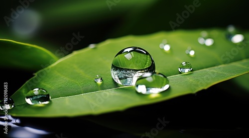 Clear water droplet rests on vibrant green leaf glistening in nature beauty, water conservation image