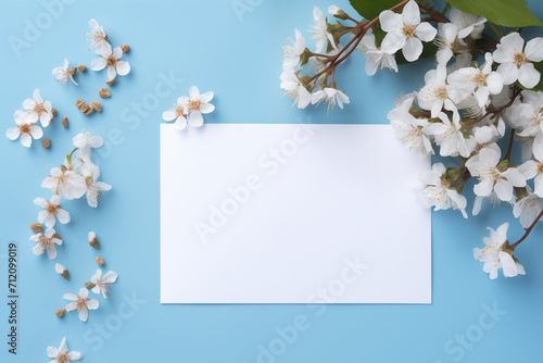 Blank minimal white horizontal postcard mockup with flowers. Paper card mockup with copy space. Generative AI