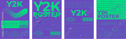 Poster template in y2k style with distort grid pattern and shapes on bright neon background. Vector set of graphic banner layout in retro futuristic cyberpunk aesthetic with wireframe warp geometry.