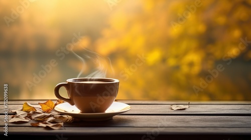 A close-up of a teacup on a wooden surface, with a softly blurred background photo