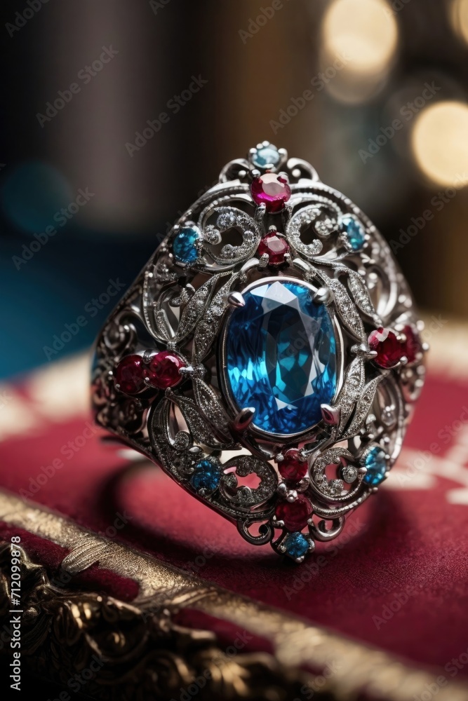 Naklejka premium AI-Generated Synesthesia Cerule and Ruby Ring Macro Photography Concept - Digital Artwork