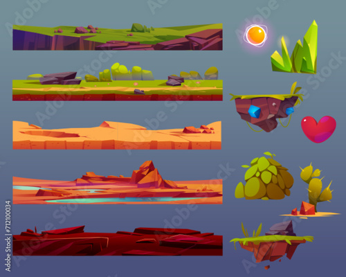 Set of game ground layers and assets isolated on background. Vector cartoon illustration of soil underground layers, green valley, rocky surface with water in cracks, sandy desert, seamless pattern