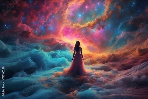 A kaleidoscopic cosmic wanderer, the psychedelic arcane nebula drifter, floats amidst a vast expanse of astral swirls and celestial colors. photo
