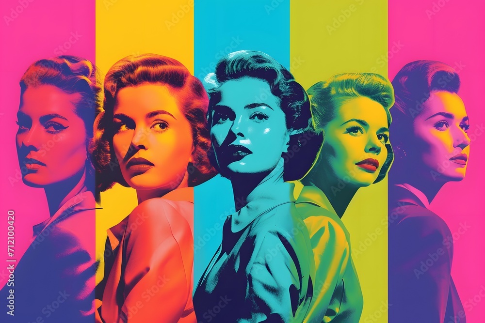A vibrant pop art collage of iconic female portraits, celebrating diversity and femininity for International Women's Day A vibrant pop art collage of iconic female portraits, celebrating diversity and femininity for International Women's Day