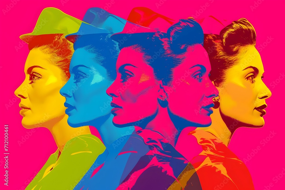 Fototapeta premium A vibrant pop art collage of iconic female portraits, celebrating diversity and femininity for International Women's Day
