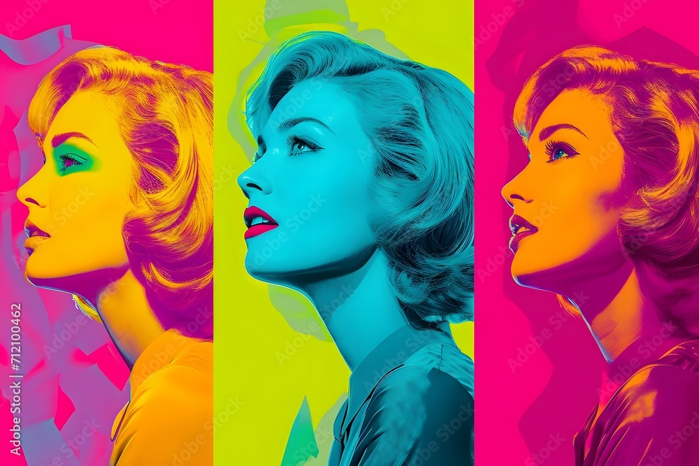 Obraz premium A vibrant pop art collage of iconic female portraits, celebrating diversity and femininity for International Women's Day