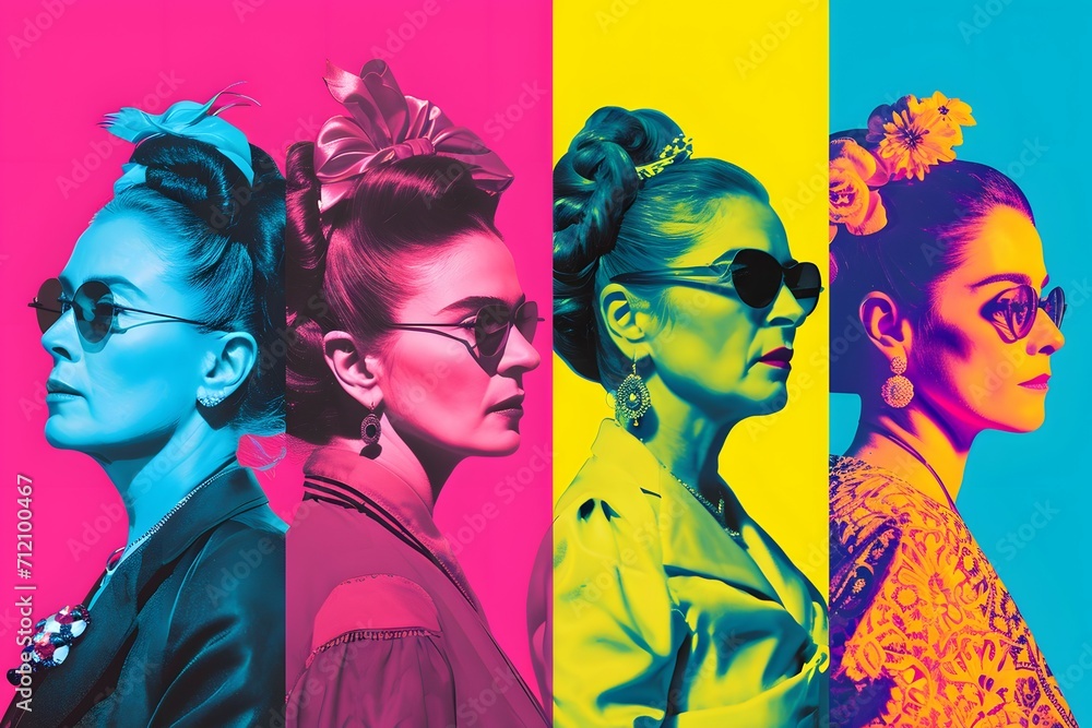 Obraz premium A vibrant pop art collage of iconic female portraits, celebrating diversity and femininity for International Women's Day