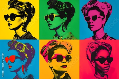 A vibrant pop art collage of iconic female portraits, celebrating diversity and femininity for International Women's Day photo