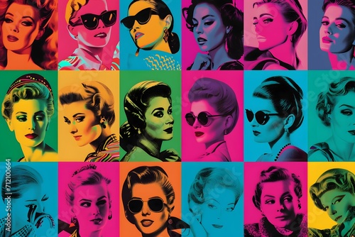 A vibrant pop art collage of iconic female portraits, celebrating diversity and femininity for International Women's Day