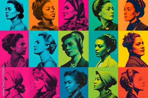 A vibrant pop art collage of iconic female portraits, celebrating diversity and femininity for International Women's Day photo