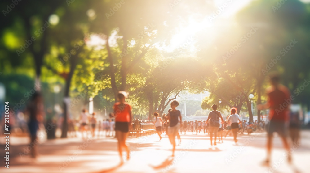 blurred background of people walking and running at park outdoor
