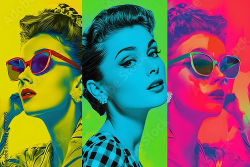 A vibrant pop art collage of iconic female portraits, celebrating diversity and femininity for International Women's Day photo