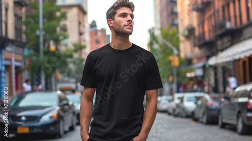 Man model shirt mockup. Boy wearing black t-shirt on street in daylight. T-shirt mockup template on hipster adult for design print. Male guy wearing casual t-shirt mockup placement. photo