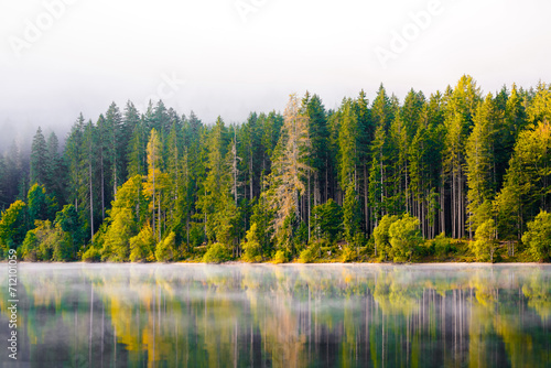 View of the surrounding landscape at Ödensee in Bad Mitterndorf in Styria. Nature at the clear swimming lake in the Salzkammergut in Austria. 