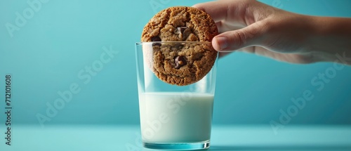 Close-Up of a Hand Holding a Cookie, Glass of Milk. Set Against a Vibrant Blue Background, Bright Lighting Enhances the Anticipation of the Dunking Moment.