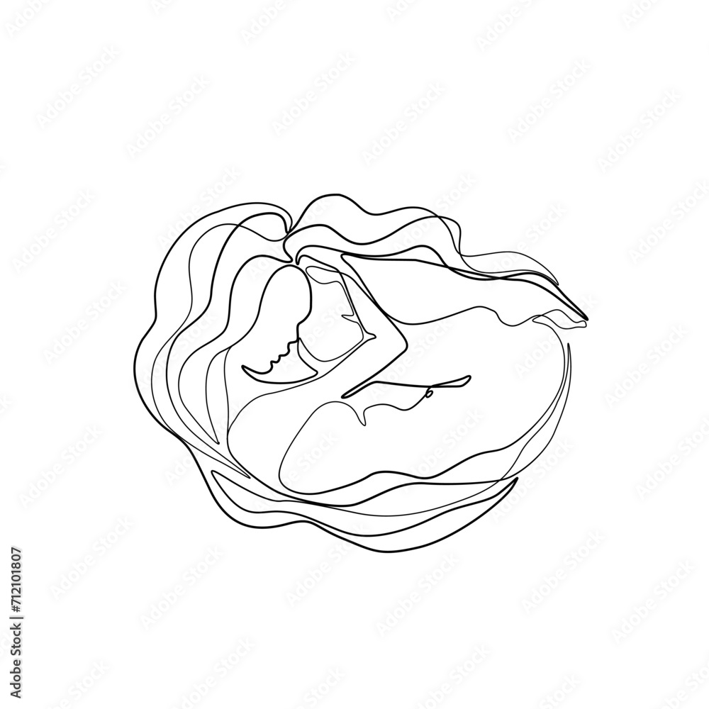 Sleep woman abstract silhouette, continuous line drawing, small tattoo, pose embryo girl, print for clothes, logo spa, tattoo design, isolated vector illustration. Sleep woman abstract silhouette, continuous line drawing, small tattoo, pose embryo girl, print for clothes, logo spa, tattoo design, isolated vector illustration.