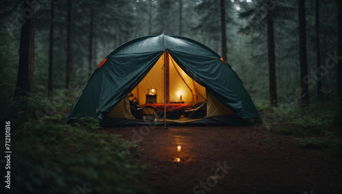 Camping tent in wilderness, rainforest
