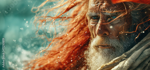 Portrait of an old serious sailor on the pier during a storm, flying red hair, the raging beauty of nature, memories of regattas and adventures photo