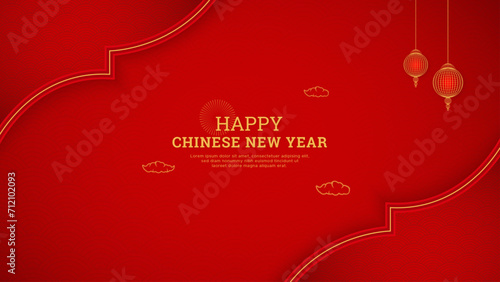 Chinese Happy New Year Red Background Design With Chinese Lanterns and Chinese Pattern