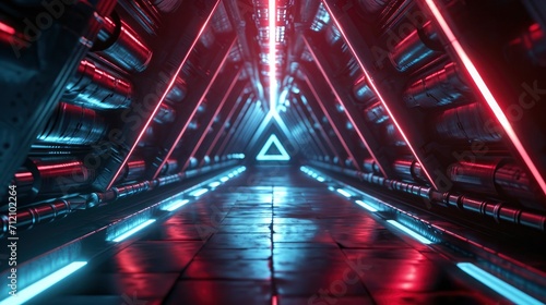 Fototapeta Naklejka Na Ścianę i Meble -  Abstract Triangle Spaceship corridor. Futuristic tunnel with light. Future interior background, business, sci-fi science concept. 3d rendering