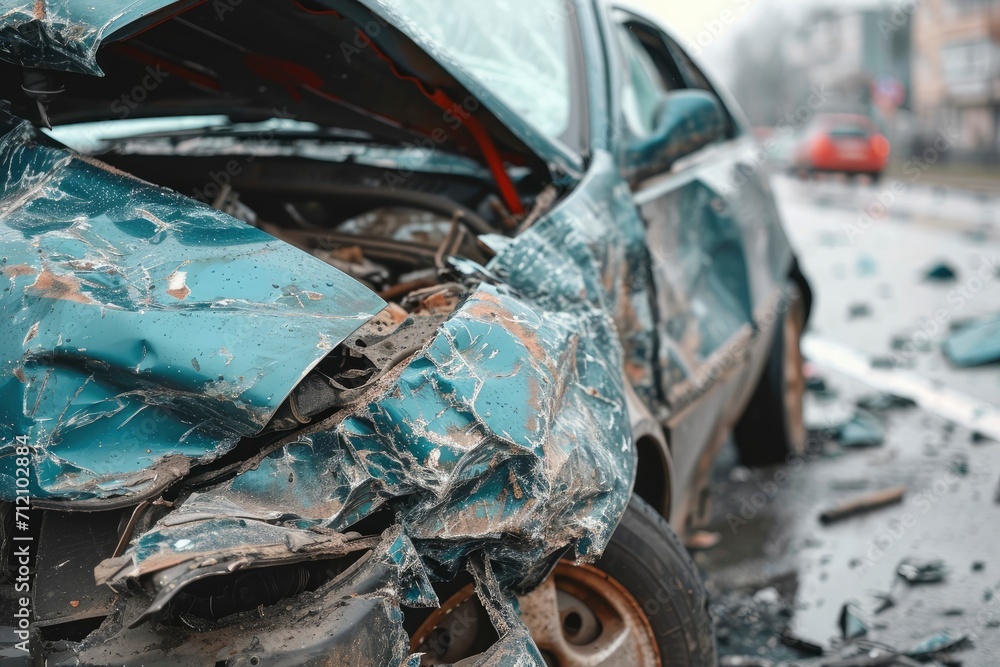Capturing the aftermath of a car accident with a broken vehicle, highlighting the importance of road safety and caution Capturing the aftermath of a car accident with a broken vehicle, highlighting the importance of road safety and caution