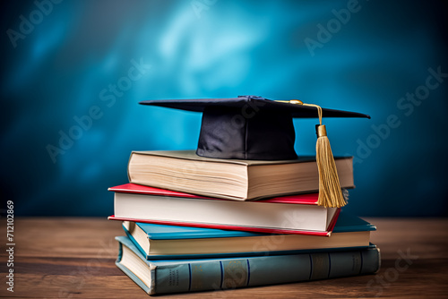 Graduation Cap on Stack of Books A symbolic representation of academic achievement, featuring a graduation cap atop a pile of hardcover books against a blue background.
 photo
