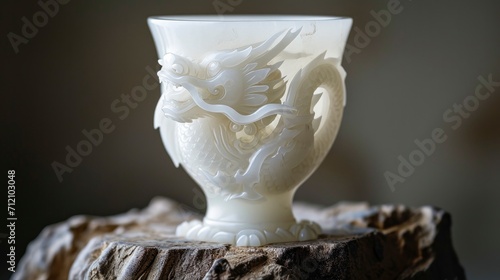 a white dragon is carved on the white jade wine glass photo