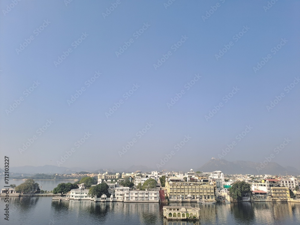 Beautiful view of Lake Pichola and Cityscape of Udaipur in Rajasthan, India
